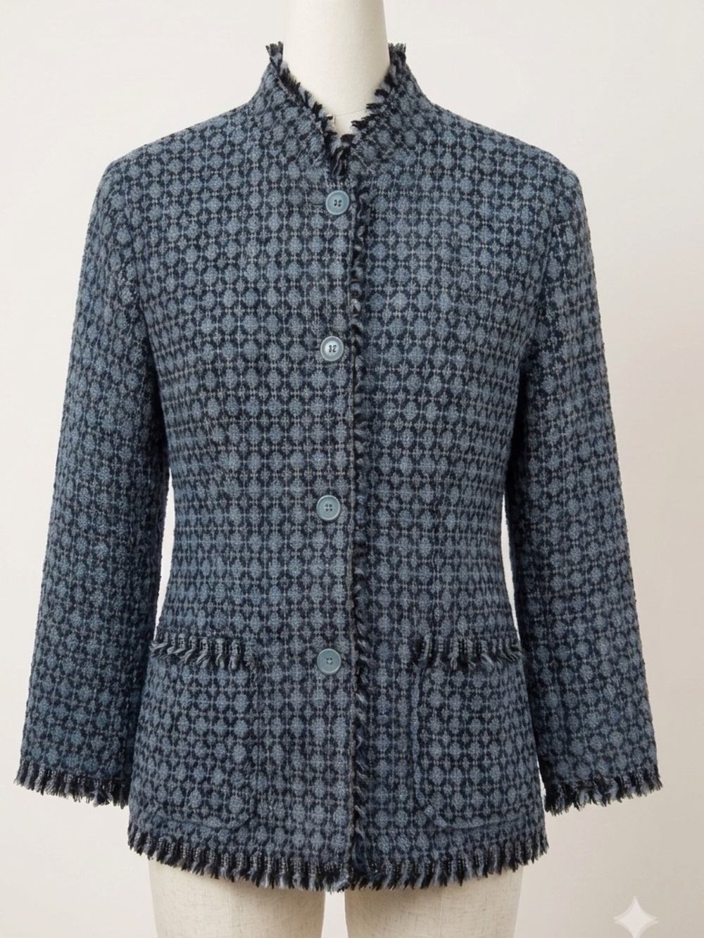 Chadwick's 100% Boiled Wool Blue Geometric Fringed Jacket Blazer Size S M